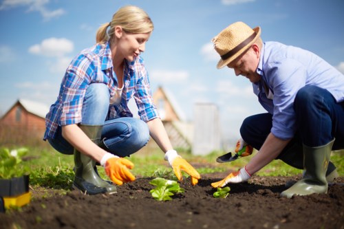 Training session for gardeners demonstrating safe equipment use